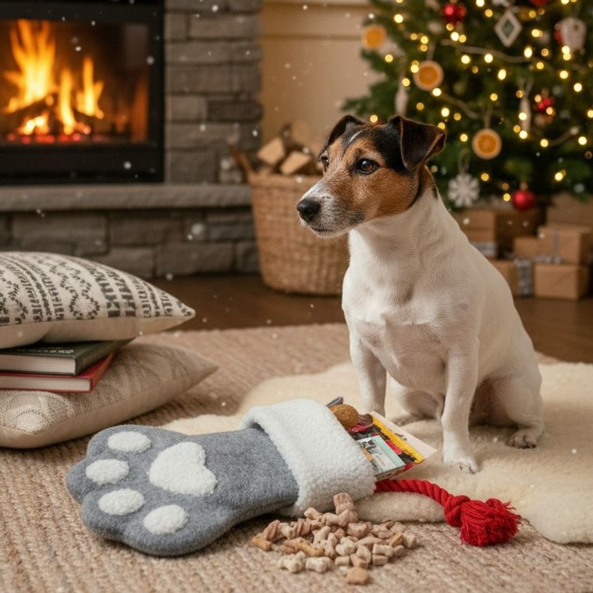Grå julestrømpe til hund og katt - fylles med favoritter