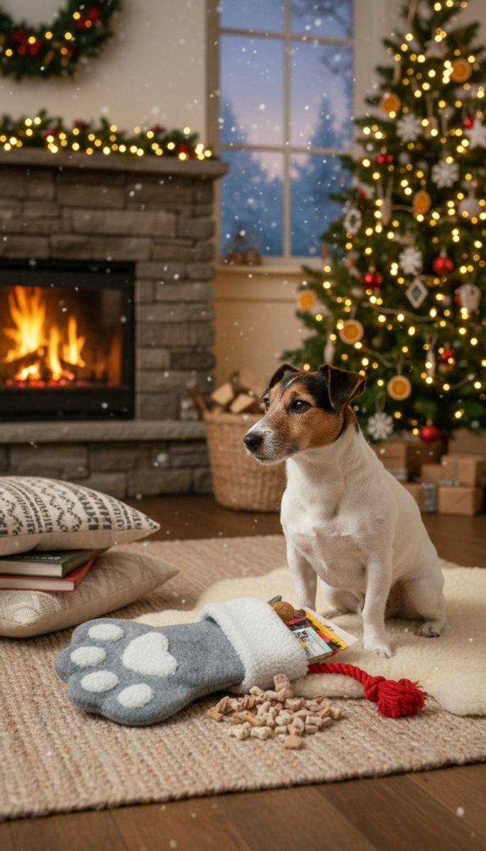 Grå fylt Julestrømpe til hund (10 snacks & leker)