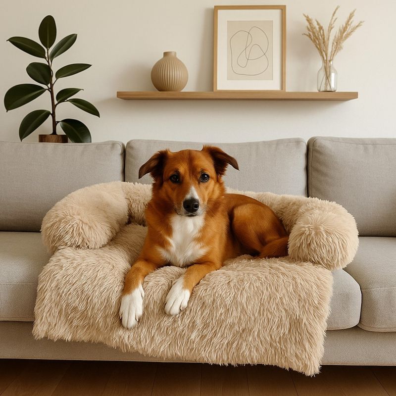 Beige fluffy hundeseng til sofa, seng, bil og gulv - Seng til hund og katt
