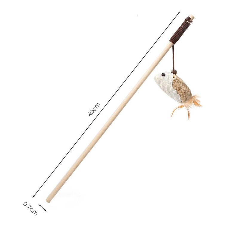 Naturfarget vippepinne til katt i tre med mus, 40cm