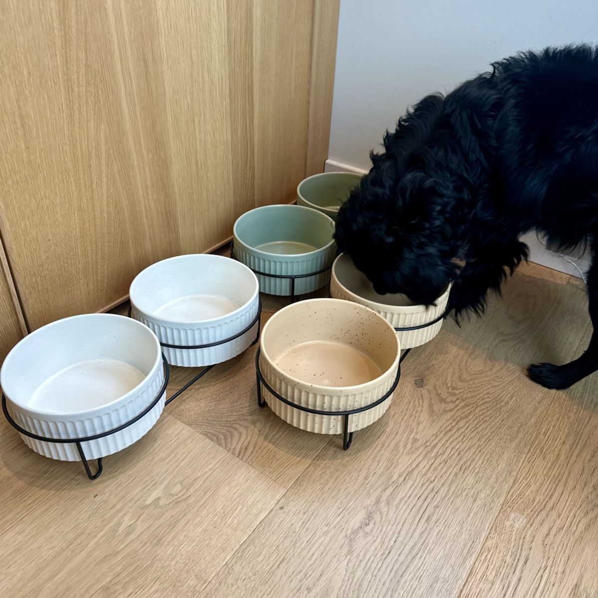 Hvit dobbel hundeskål i keramikk med riller og stålstativ, stor