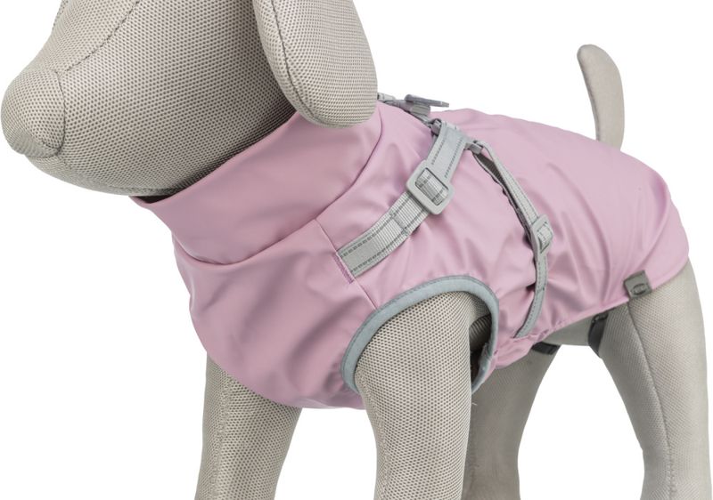 Rosa regndekken med integrert sele til hund